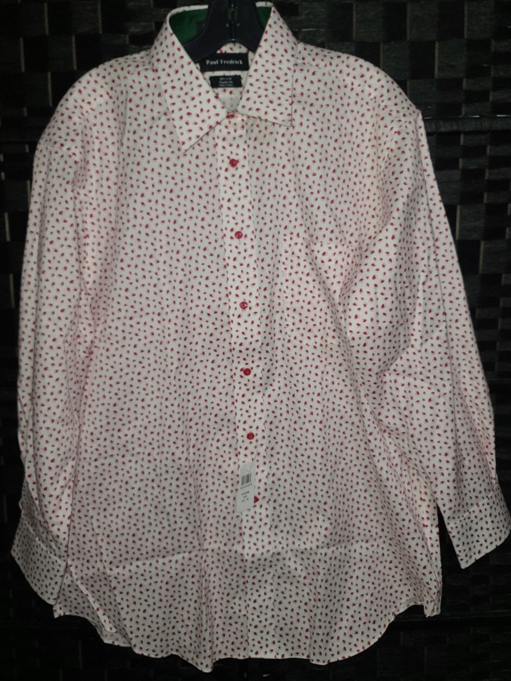 Paul Fredrick men's white dress shirt featuring a small red novelty print NWT